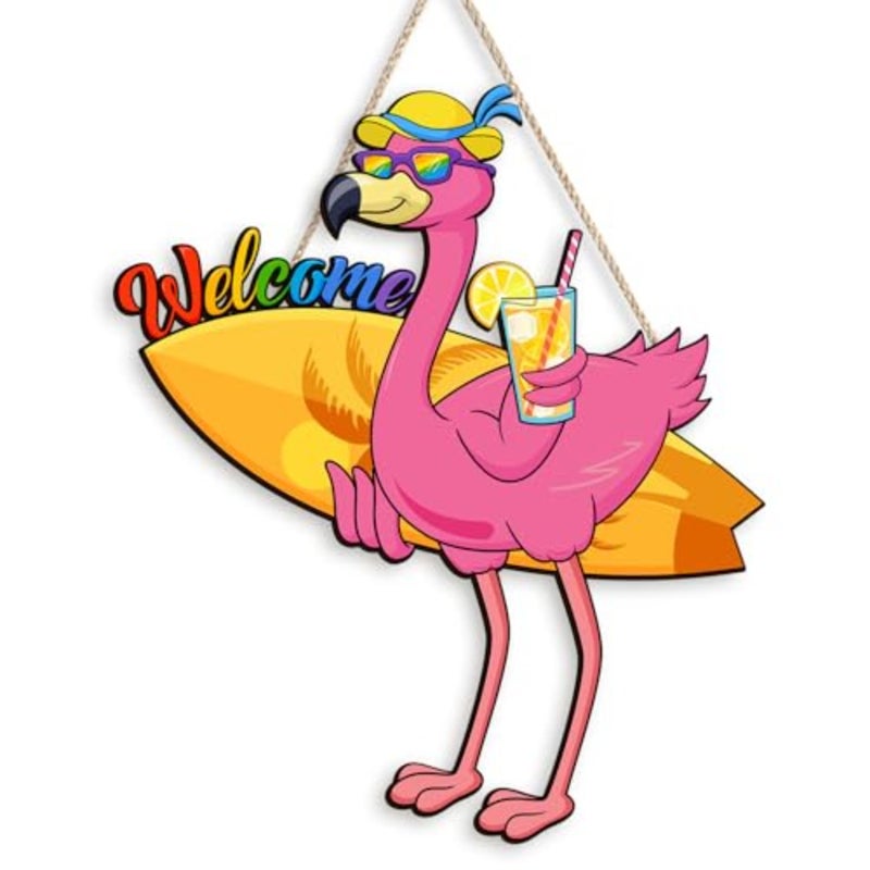 Summer Welcome Sign Flamingo Wooden Hanging Decor for Indoor Outdoor Flamingo Wall Plaque Hanging Artwork Flamingos Wall Decor for Home Room Door Patio Yard Decor - Image 1