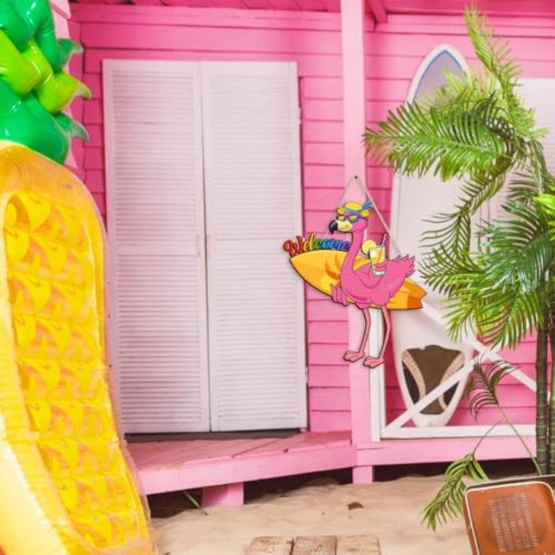 Summer Welcome Sign Flamingo Wooden Hanging Decor for Indoor Outdoor Flamingo Wall Plaque Hanging Artwork Flamingos Wall Decor for Home Room Door Patio Yard Decor - Image 3
