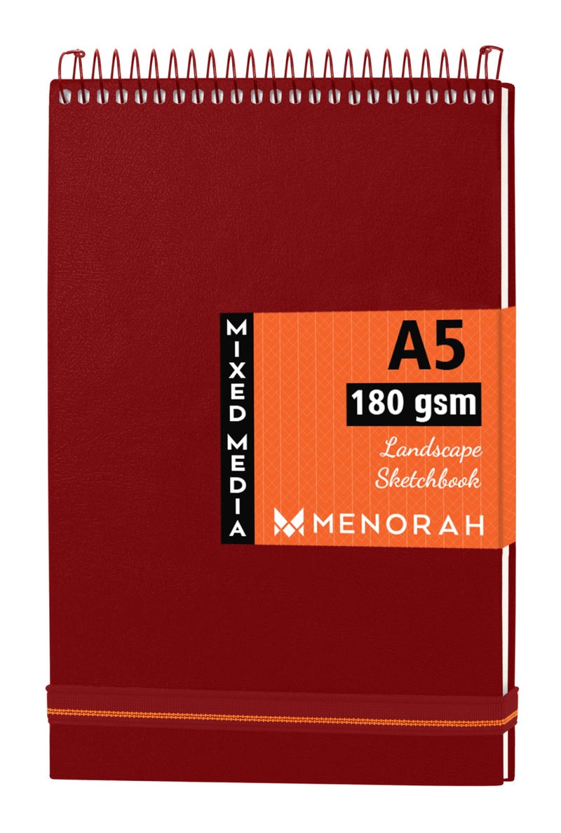 MENORAH Paper-A5-Oil Paint Artist Sketchbook-180 Gsm- Spiral Bound,Sketch Book-100 Pages/50 Sheets(Size 14.8 Cm X 21.0 Cm)-Solid Metal Spiral-Drawing Book-Landscape(Red) - Image 1