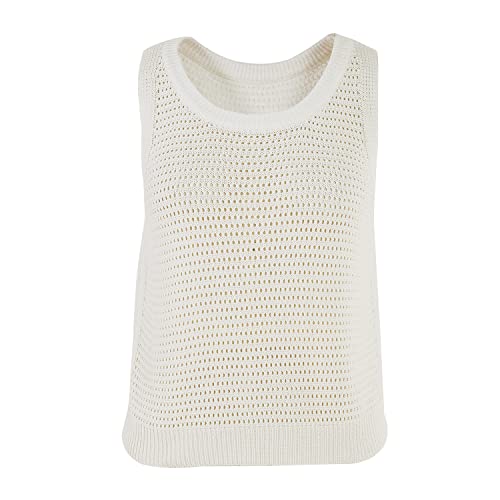 FISACE Womens Summer Knit Sweater Tank Tops Round Neck Crochet Hollow Out Sleeveless Casual Crop Shirt White - Image 5
