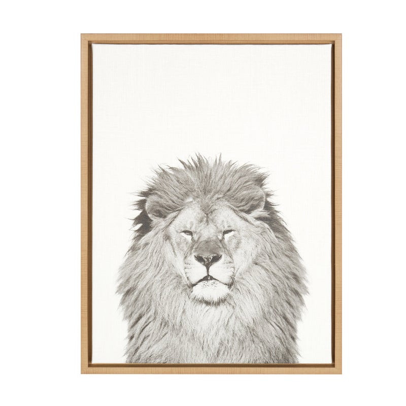 Kate and Laurel Kate and Laurel Sylvie Lion Animal Print Black and White Portrait Framed Canvas Wall Art by Simon Te Tai 18x24 Natural  - Image 1
