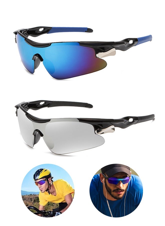 2 PCS Outdoor Sports UV Protection Half Frame Sunglasses, UV400 Polarized Cycling Sports Sunglasses, Windproof Goggles for Baseball Golf (Silver+Blue) - Image 1
