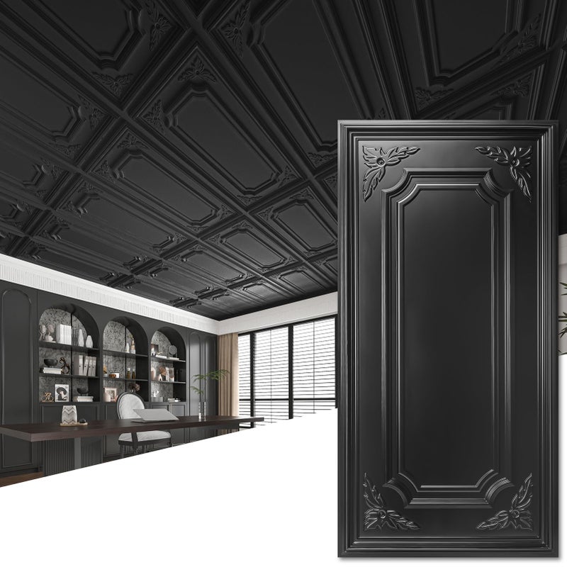 Art3dwallpanels 12 Pack Drop Ceiling Tiles, 2x4 Ft PVC Decorative 3D Wall Panel, Glue Up Ceiling Covering Panels for Basement Kitchen Bathroom, 24x48 Inch, Cover 96 Sq. Ft, Black - Image 1