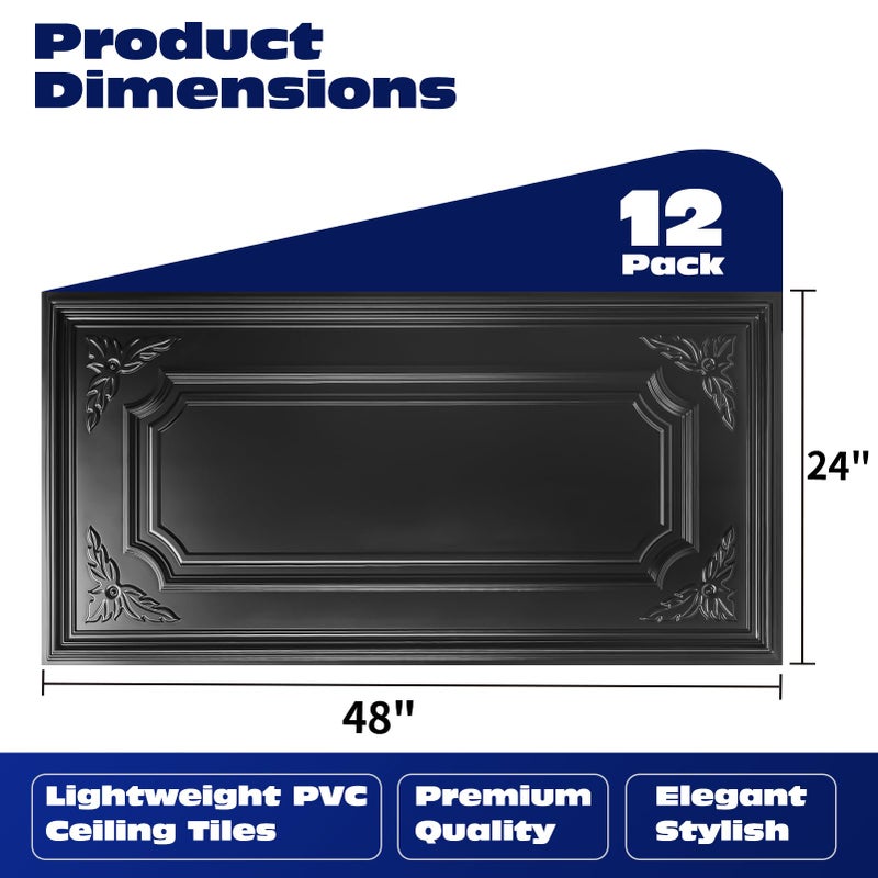 Art3dwallpanels 12 Pack Drop Ceiling Tiles, 2x4 Ft PVC Decorative 3D Wall Panel, Glue Up Ceiling Covering Panels for Basement Kitchen Bathroom, 24x48 Inch, Cover 96 Sq. Ft, Black - Image 2
