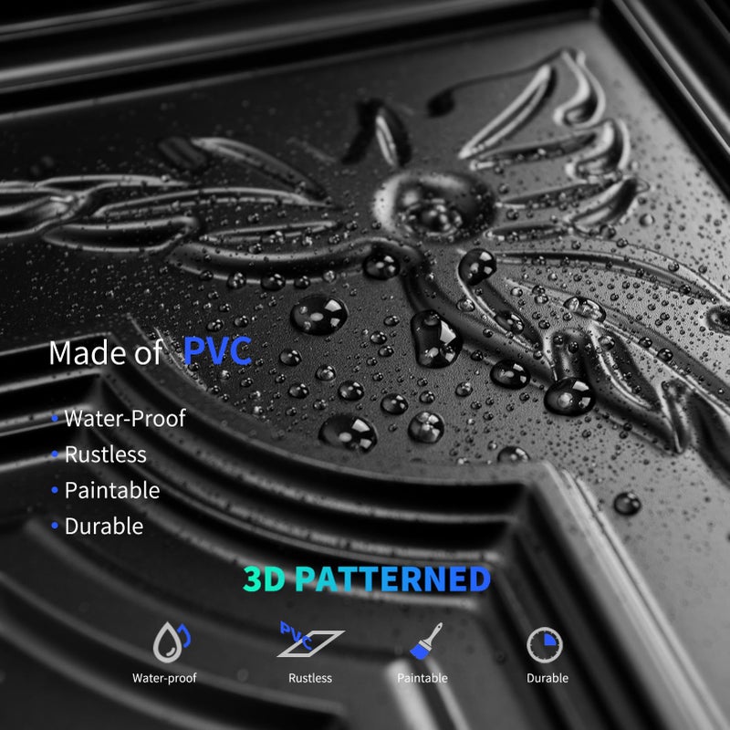 Art3dwallpanels 12 Pack Drop Ceiling Tiles, 2x4 Ft PVC Decorative 3D Wall Panel, Glue Up Ceiling Covering Panels for Basement Kitchen Bathroom, 24x48 Inch, Cover 96 Sq. Ft, Black - Image 3