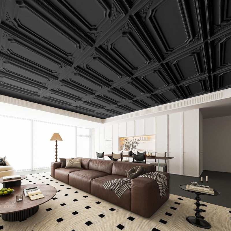 Art3dwallpanels 12 Pack Drop Ceiling Tiles, 2x4 Ft PVC Decorative 3D Wall Panel, Glue Up Ceiling Covering Panels for Basement Kitchen Bathroom, 24x48 Inch, Cover 96 Sq. Ft, Black - Image 4
