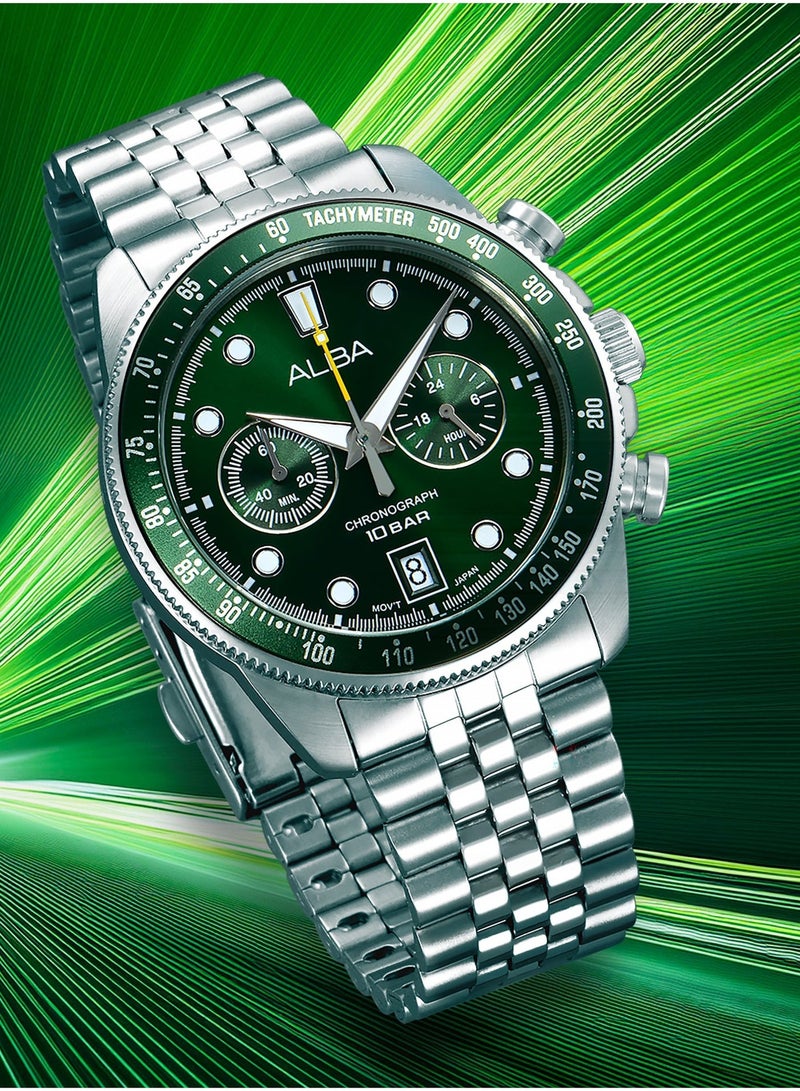 Alba Active Chronograph Men’s Watch A4B029X1, 43 mm Green Dial, Stainless Steel Case & Bracelet, 100 m WR - Image 1