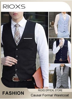 RIOXS Men's Suit Vest,Causal Formal Waistcoat,V-neck Suit Vests,Four Buttons Blazer Slim Vest Top,Solid Color Single Breasted Business Suits Skinny Vest,Wedding Party Dress  - Image 2