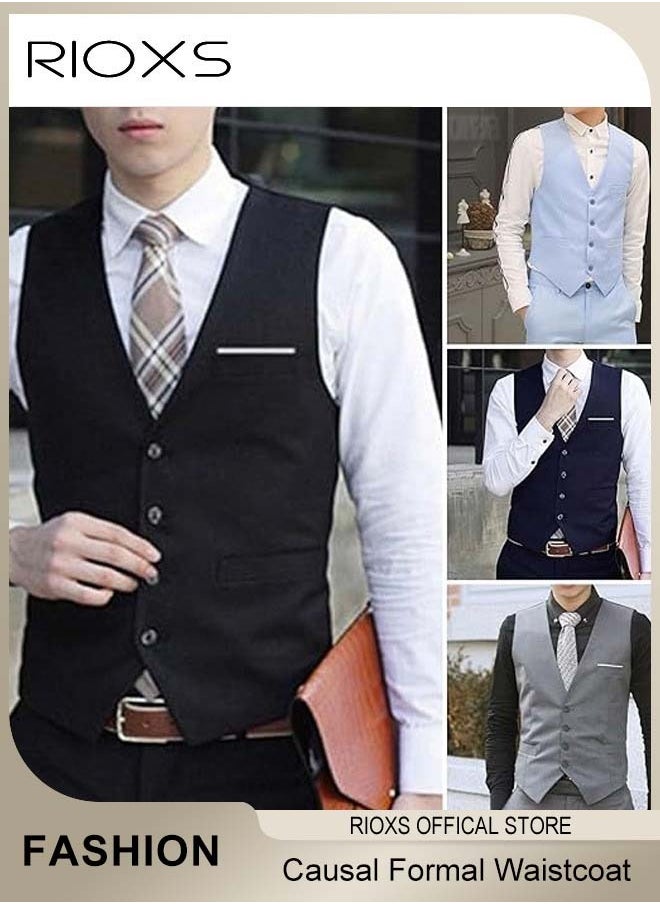 RIOXS - Men's Suit Vest,Causal Formal Waistcoat,V-neck Suit Vests,Four Buttons Blazer Slim Vest Top,Solid Color Single Breasted Business Suits Skinny Vest,Wedding Party Dress - Image 1