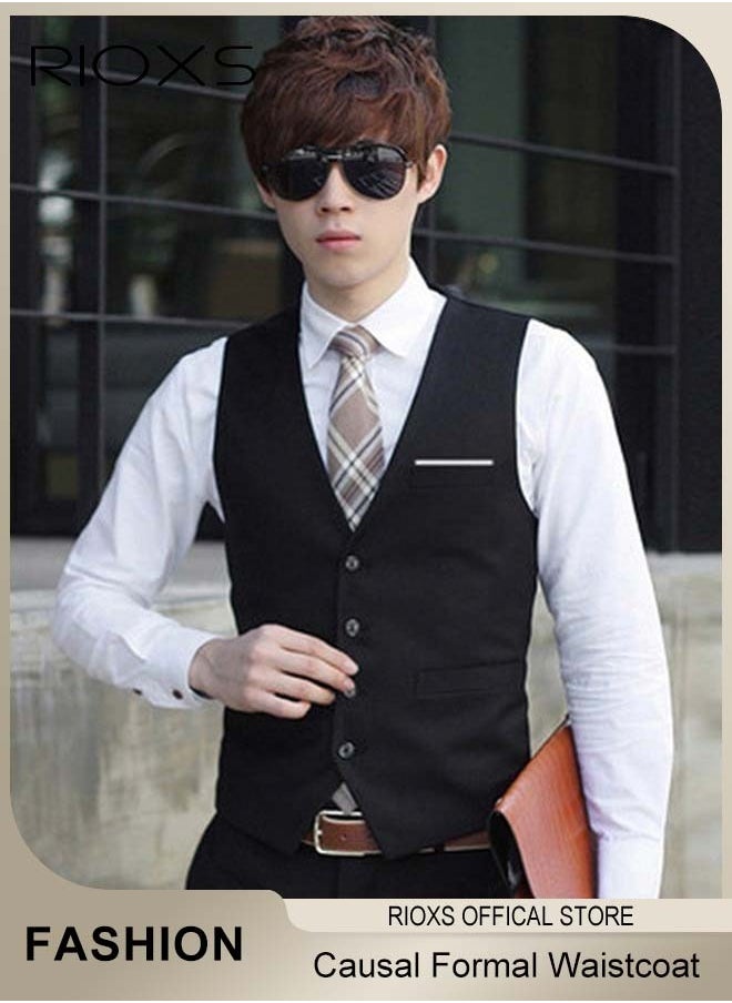 RIOXS - Men's Suit Vest,Causal Formal Waistcoat,V-neck Suit Vests,Four Buttons Blazer Slim Vest Top,Solid Color Single Breasted Business Suits Skinny Vest,Wedding Party Dress - Image 1