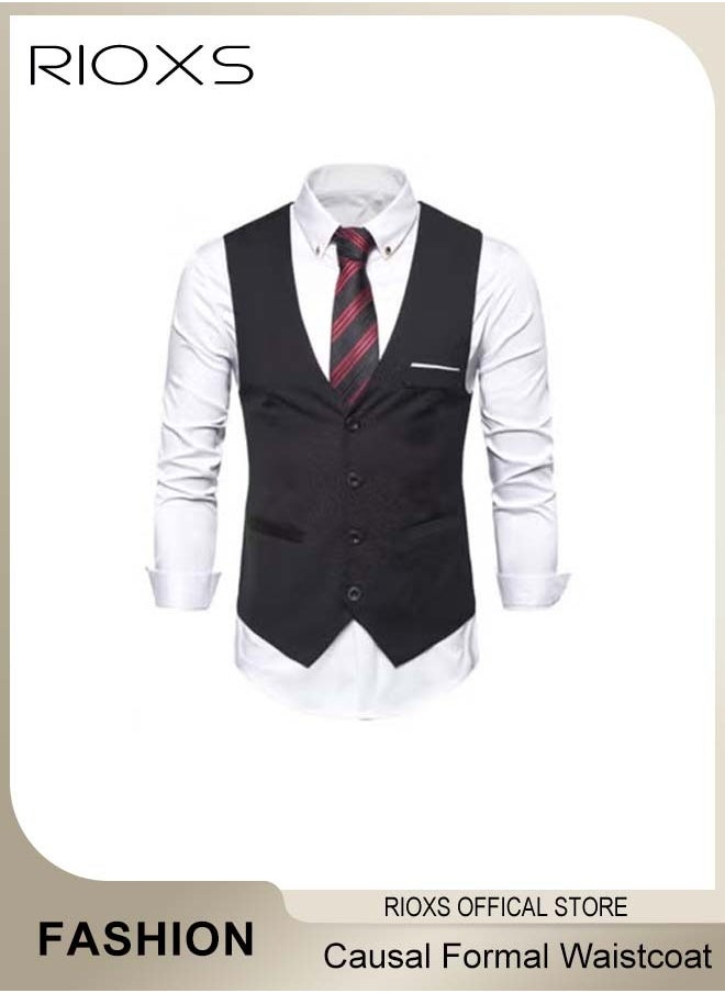 RIOXS - Men's Suit Vest,Causal Formal Waistcoat,V-neck Suit Vests,Four Buttons Blazer Slim Vest Top,Solid Color Single Breasted Business Suits Skinny Vest,Wedding Party Dress - Image 1