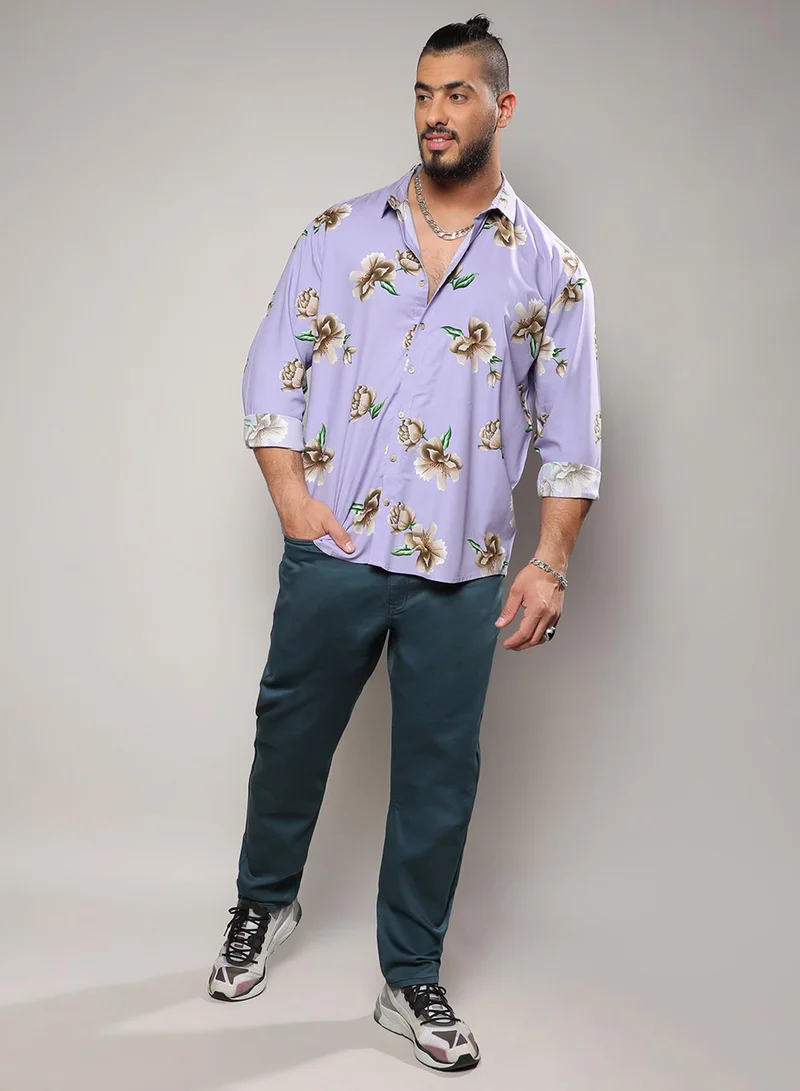 Instafab Plus Instafab Plus Men's Lavender Floral Print Shirt For Casual Wear | Spread Collar | Long Sleeve | Button Closure | Heavy Rayon Shirts Crafted With Comfort Fit For Everyday Wear