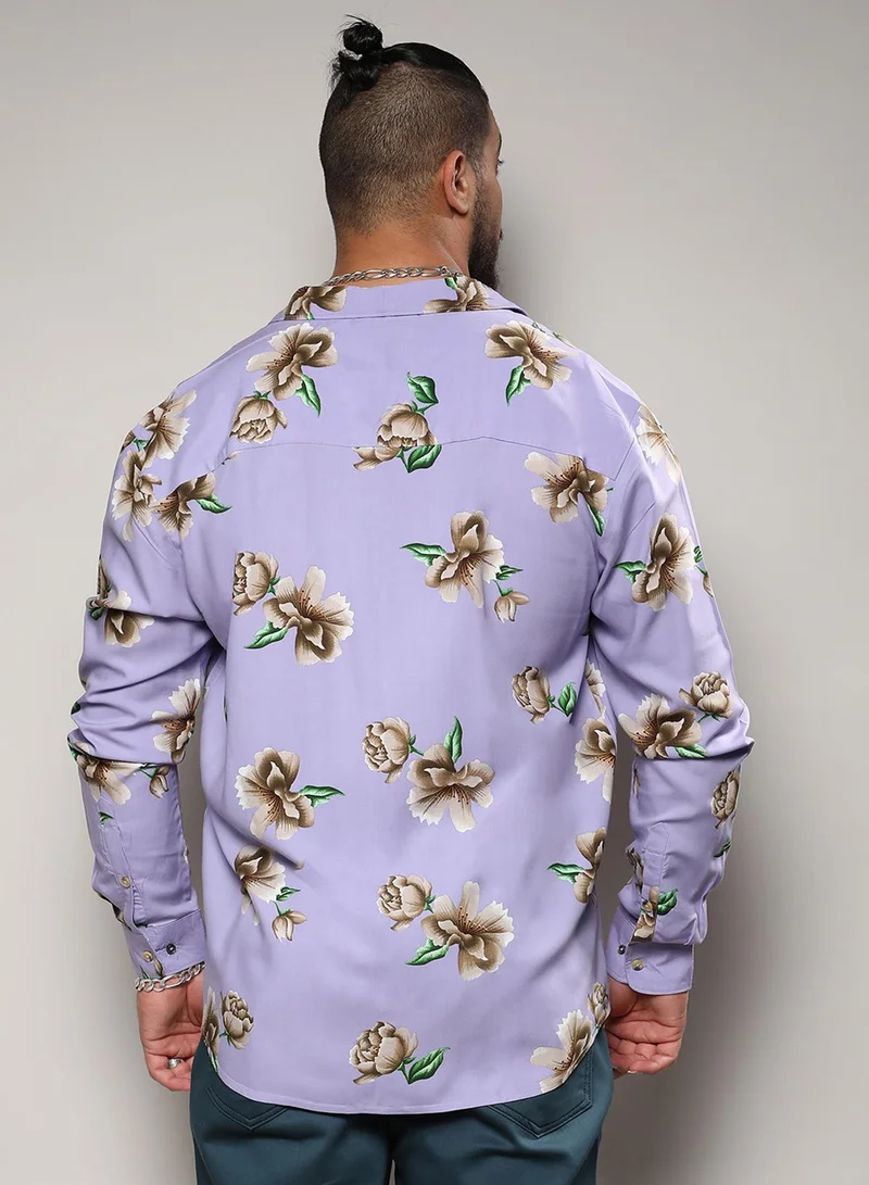 Instafab Plus Instafab Plus Men's Lavender Floral Print Shirt For Casual Wear | Spread Collar | Long Sleeve | Button Closure | Heavy Rayon Shirts Crafted With Comfort Fit For Everyday Wear
