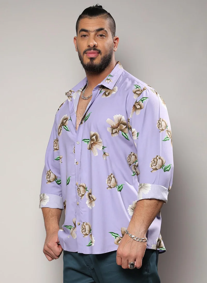 Instafab Plus Instafab Plus Men's Lavender Floral Print Shirt For Casual Wear | Spread Collar | Long Sleeve | Button Closure | Heavy Rayon Shirts Crafted With Comfort Fit For Everyday Wear