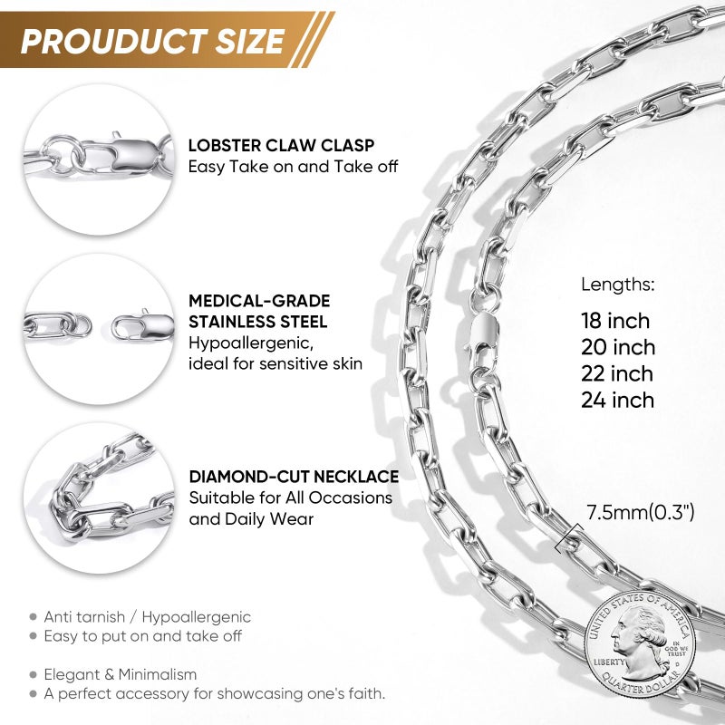 VNOX Silver Paperclip Necklace for Men, 7.5 mm Solid Diamond-Cut Chunky Stainless Steel Anchor Link Chain Mens Necklaces Jewelry Gifts for Men Dad Boyferiend, 20 Inchs - Image 2