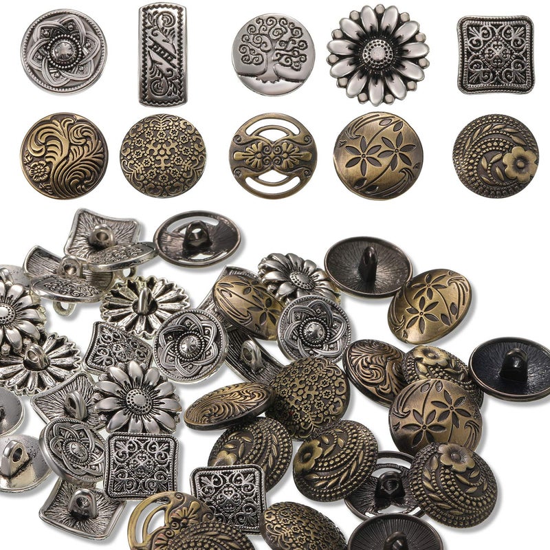 Syhood 80 Pcs Metal Buttons Mixed Vintage Style Buttons Antique Silver and Bronze Color Flower Round Button for Crafts Sewing DIY Decorations - Image 1