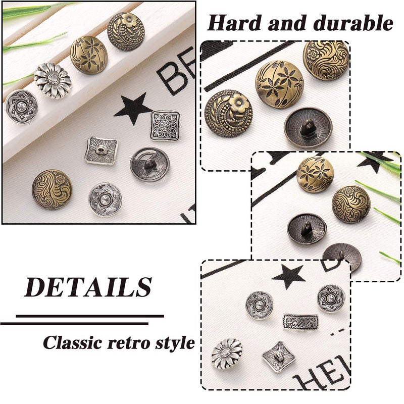 Syhood 80 Pcs Metal Buttons Mixed Vintage Style Buttons Antique Silver and Bronze Color Flower Round Button for Crafts Sewing DIY Decorations - Image 3