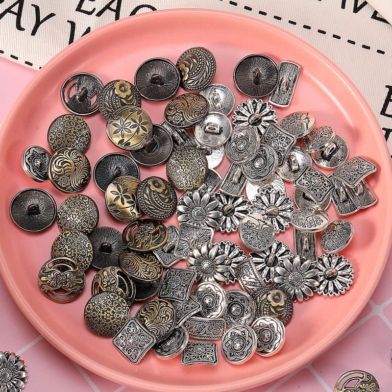 Syhood 80 Pcs Metal Buttons Mixed Vintage Style Buttons Antique Silver and Bronze Color Flower Round Button for Crafts Sewing DIY Decorations - Image 5
