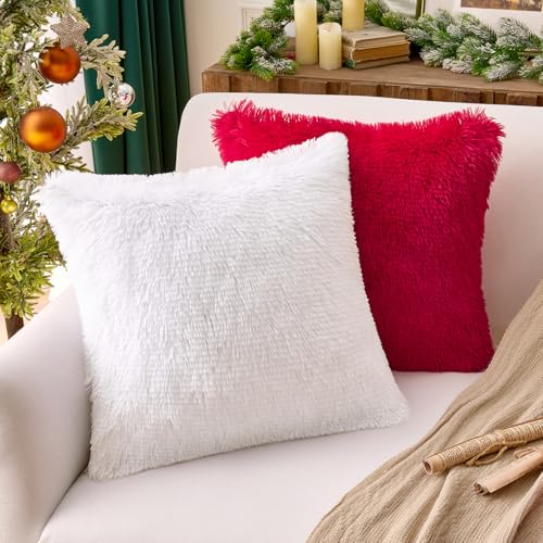 ANRODUO Pack of 2 White Throw Pillow Covers Luxury Fluffy Pillows Faux Fur Decorative Pillows Plush Cushion Case Fuzzy Mongolian Merin Style for Bed Couch Sofa Living Room Christmas Decor 18x18 Inch - Image 3