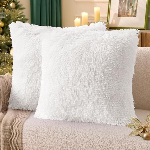 ANRODUO Pack of 2 White Throw Pillow Covers Luxury Fluffy Pillows Faux Fur Decorative Pillows Plush Cushion Case Fuzzy Mongolian Merin Style for Bed Couch Sofa Living Room Christmas Decor 18x18 Inch - Image 1