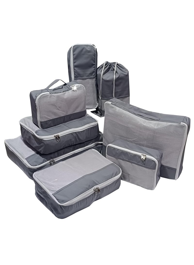 atorakushon Nylon Packing Cubes Travel Organizer Wardrobe Organizer Set of 8 Packing Bag for Men and Women, Luggage Bags Set 2 Large 2 Medium 2 Small Cube 1 Shoe Bag, 1 Hankey Socks Bag (Grey) - Image 1