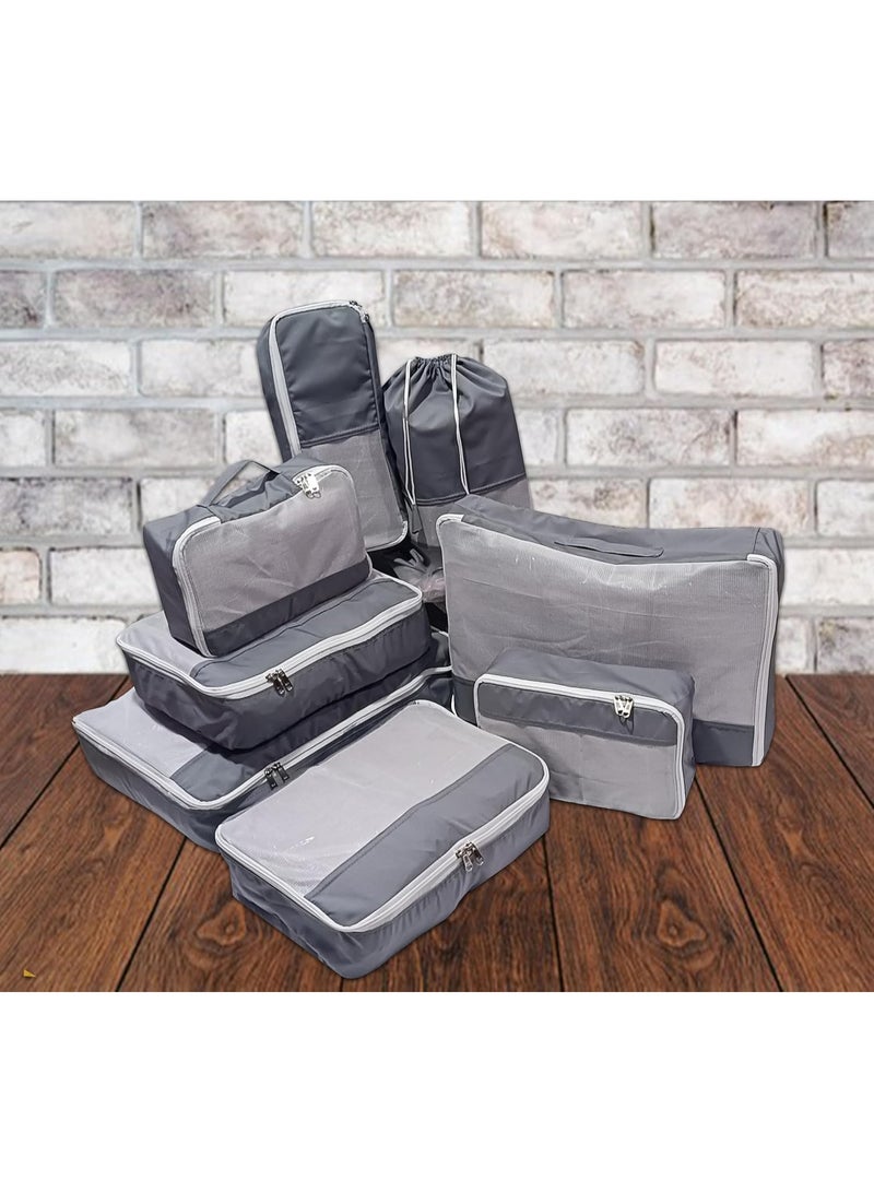 atorakushon Nylon Packing Cubes Travel Organizer Wardrobe Organizer Set of 8 Packing Bag for Men and Women, Luggage Bags Set 2 Large 2 Medium 2 Small Cube 1 Shoe Bag, 1 Hankey Socks Bag (Grey) - Image 3