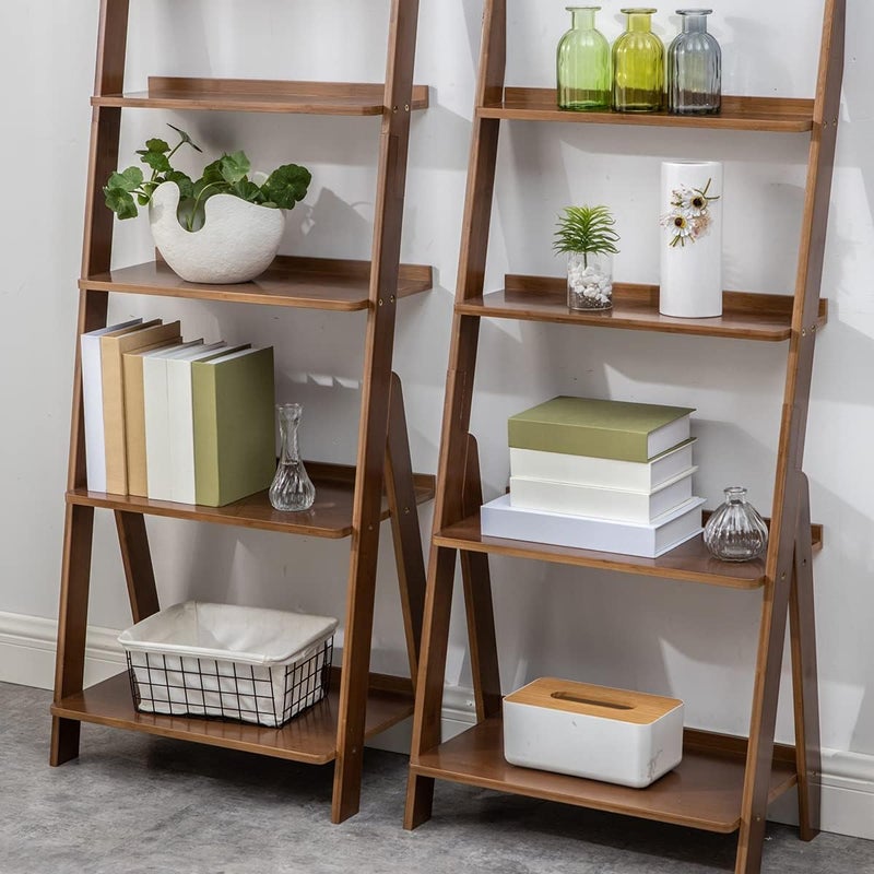 Maydear Bamboo Ladder Shelf Bookcase, 4-Tier Leaning Bookshelf Free Standing Organizer Storage Shelves for Living Room, Bedroom, Kitchen, Home Office, Balcony (Walnut) - Image 4