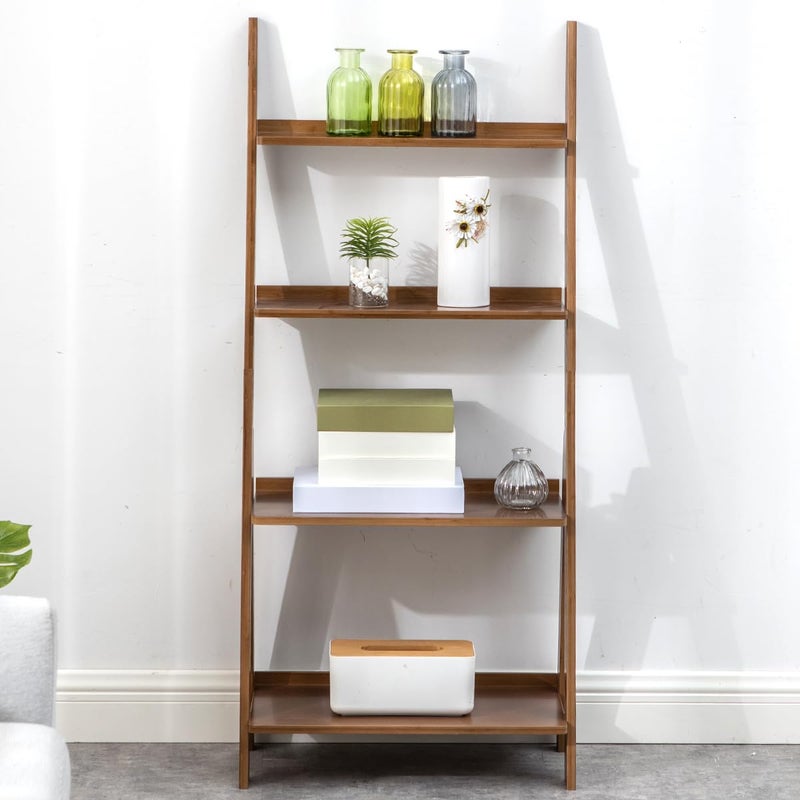 Maydear Bamboo Ladder Shelf Bookcase, 4-Tier Leaning Bookshelf Free Standing Organizer Storage Shelves for Living Room, Bedroom, Kitchen, Home Office, Balcony (Walnut) - Image 2