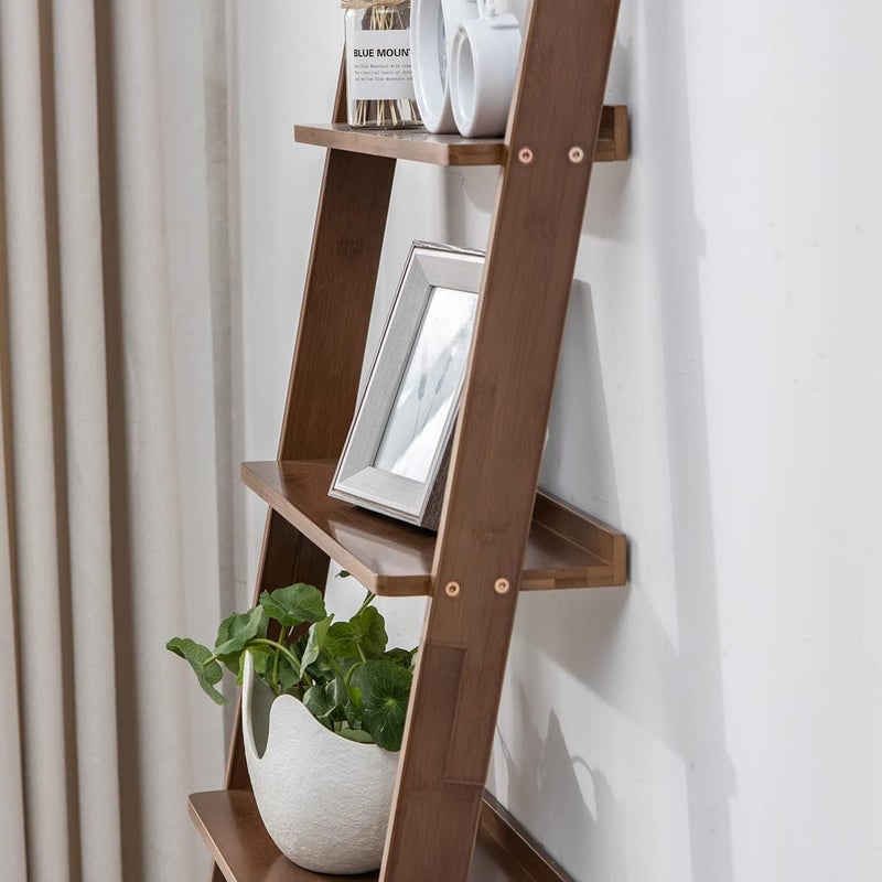 Maydear Bamboo Ladder Shelf Bookcase, 4-Tier Leaning Bookshelf Free Standing Organizer Storage Shelves for Living Room, Bedroom, Kitchen, Home Office, Balcony (Walnut) - Image 3