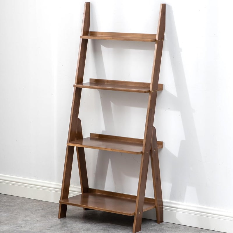 Maydear Bamboo Ladder Shelf Bookcase, 4-Tier Leaning Bookshelf Free Standing Organizer Storage Shelves for Living Room, Bedroom, Kitchen, Home Office, Balcony (Walnut) - Image 5