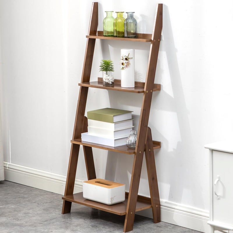 Maydear Bamboo Ladder Shelf Bookcase, 4-Tier Leaning Bookshelf Free Standing Organizer Storage Shelves for Living Room, Bedroom, Kitchen, Home Office, Balcony (Walnut) - Image 1