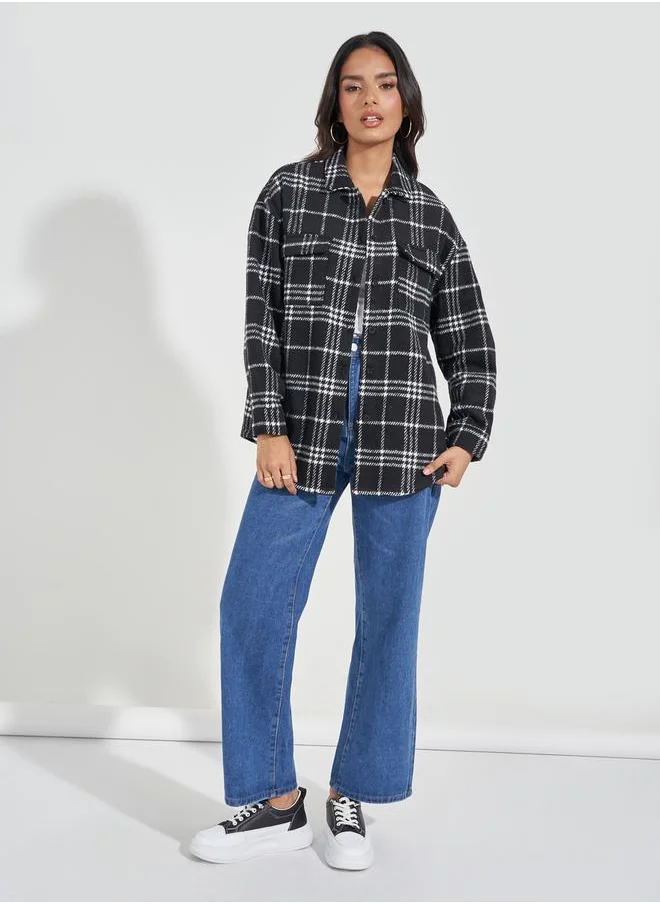 Styli Oversized Longline Wool Like Checked Shacket