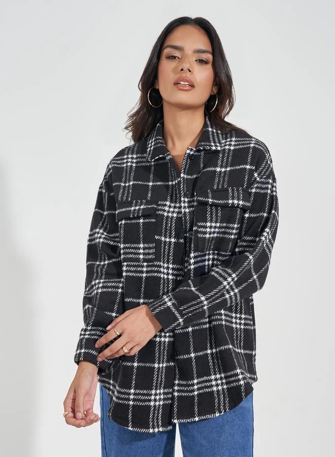 Styli Oversized Longline Wool Like Checked Shacket
