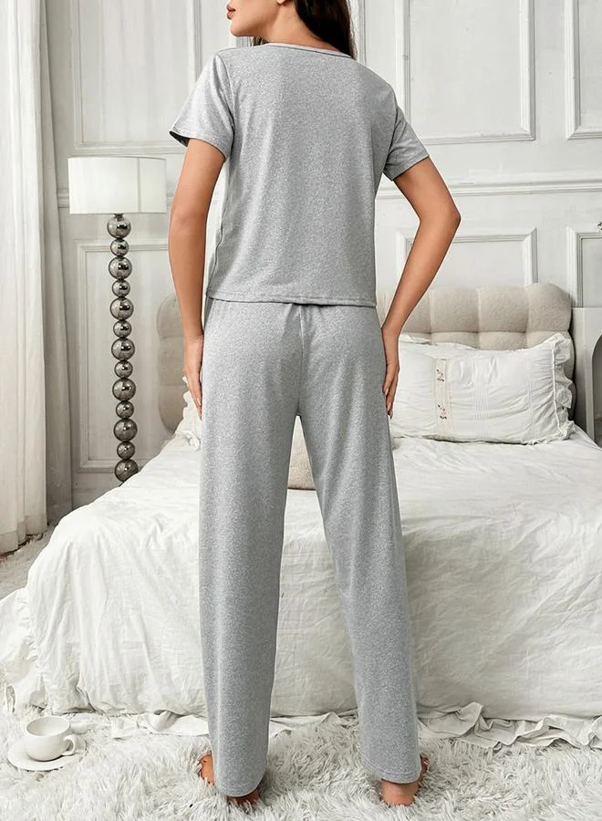 Take Two Grey Heart Print Round Neck T-Shirt and Pyjama Set