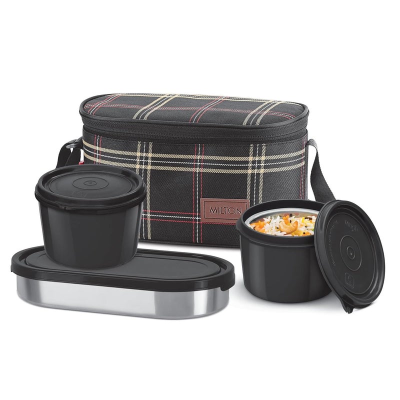 Milton Milton Decker Lunch Box with Insulated Fabric Jacket, 3 Containers (1 Oval Stainless Steel 450 ml, 2 Inner Stainless Steel 450 ml), Microwave Safe & Leak-Proof Tiffin for Office, School, College,Black  - Image 1