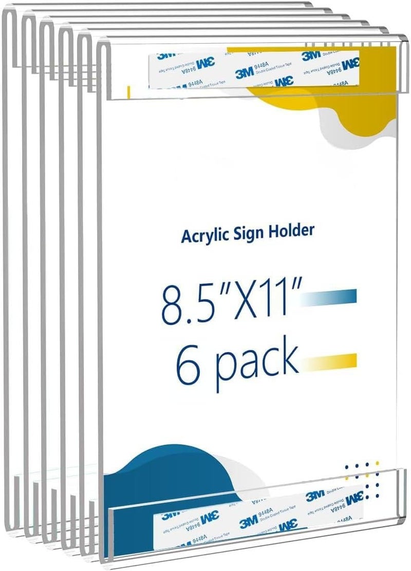 Azonee Acrylic Sign Holder, 8.5 x 11" Vertical Clear Wall Frame with Adhesive Tape, Plastic Display Holder for Photo, Menu, Flyer, Office, Home, Store, Business Use(6 Pack) - Image 1