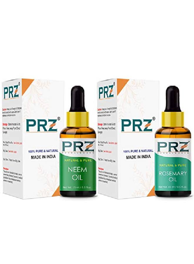 PRZ Combo of Cold Pressed Neem Oil & Rosemary Essential Oil 100% Pure l & Therapeutic Grade Oil for Aromatherapy Body Massage Skin Care & Hair Growth (15ML Each) - Image 3