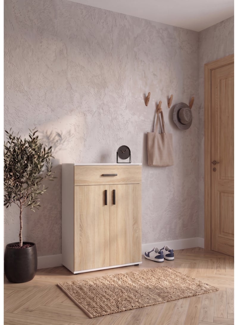 Furniture Store Modern shoe rack/shoe cabinet with a wide drawer and 5 shelves, MDF, in light wood color with white, high-quality finish, from Furniture Store. - Image 1
