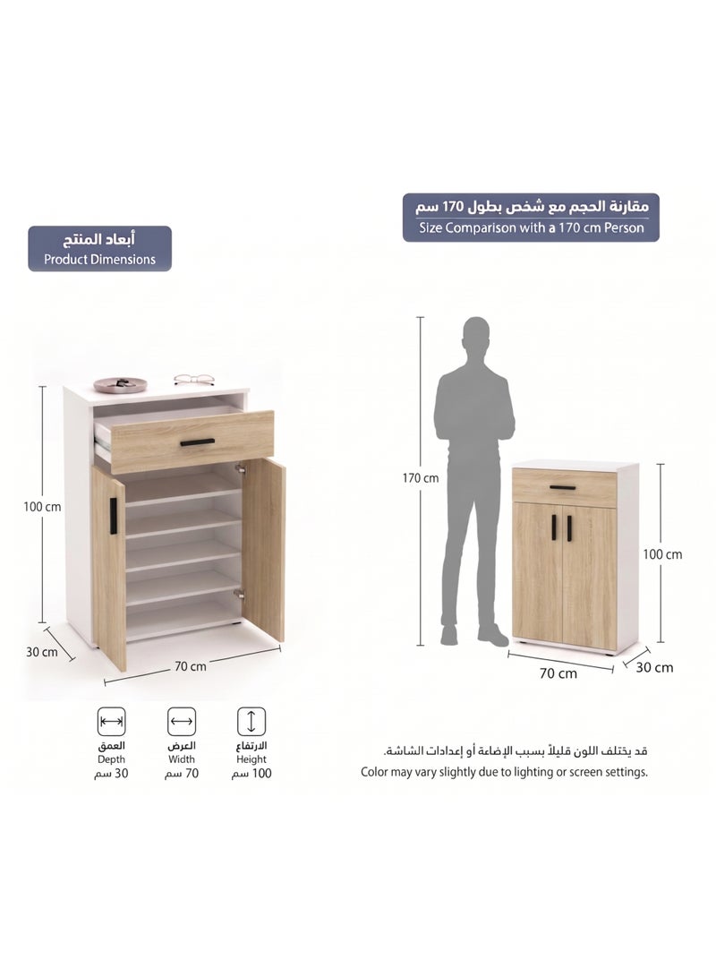 Furniture Store Modern shoe rack/shoe cabinet with a wide drawer and 5 shelves, MDF, in light wood color with white, high-quality finish, from Furniture Store. - Image 3
