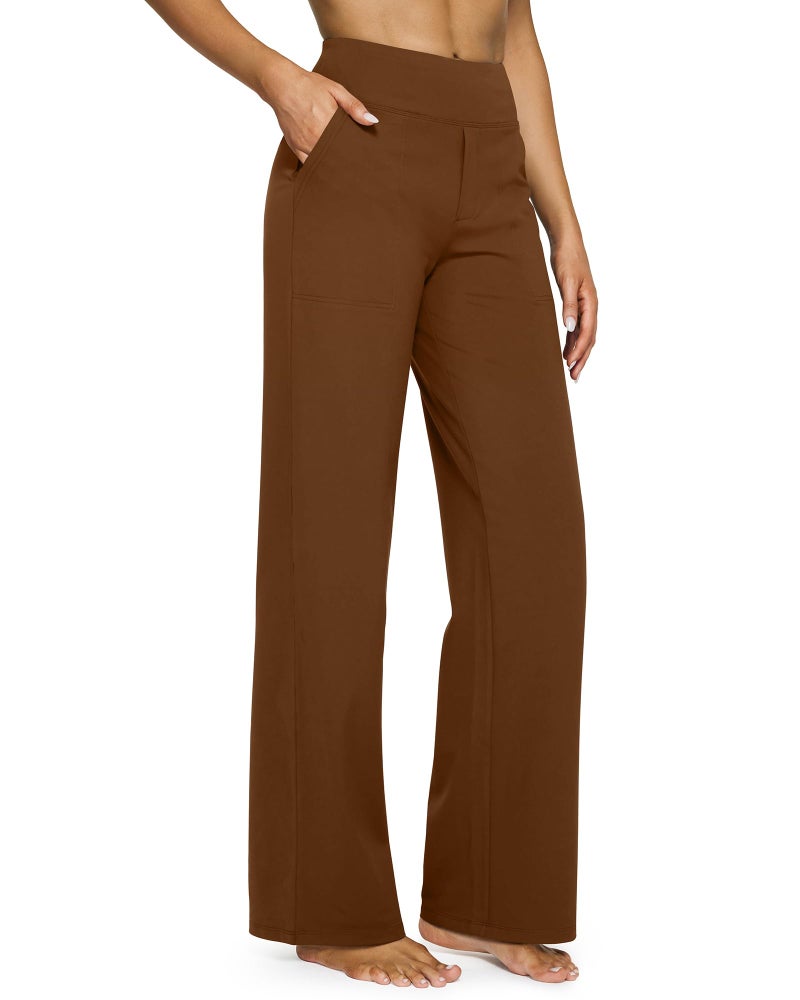 G4Free Loose Pants for Women High Waisted Yoga Dress Pants with Pockets Stretch Wide Leg Sweatpants Business Casual Trouser Pants(Dark Coffee,XXL,29") - Image 1
