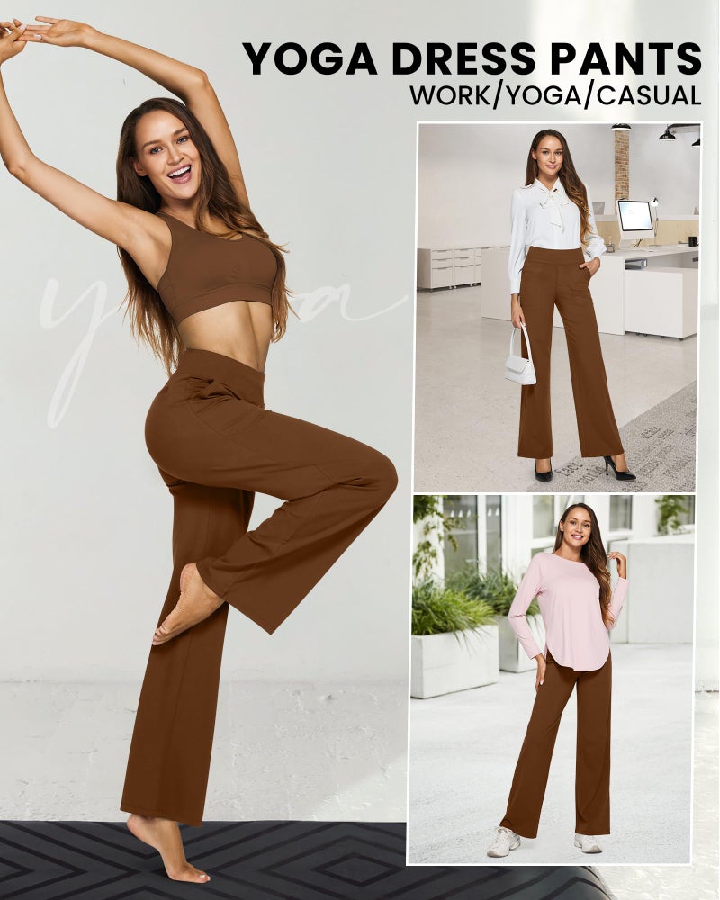 G4Free Loose Pants for Women High Waisted Yoga Dress Pants with Pockets Stretch Wide Leg Sweatpants Business Casual Trouser Pants(Dark Coffee,XXL,29") - Image 3