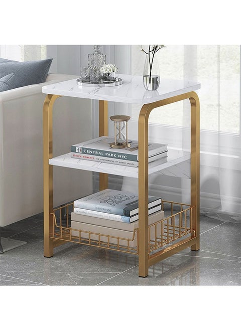 White Marble Night Stand with Golden Metal Frame,3 Tier Small Side Table with Storage Basket,Bedside Table for Living Room Bedroom Small Spaces