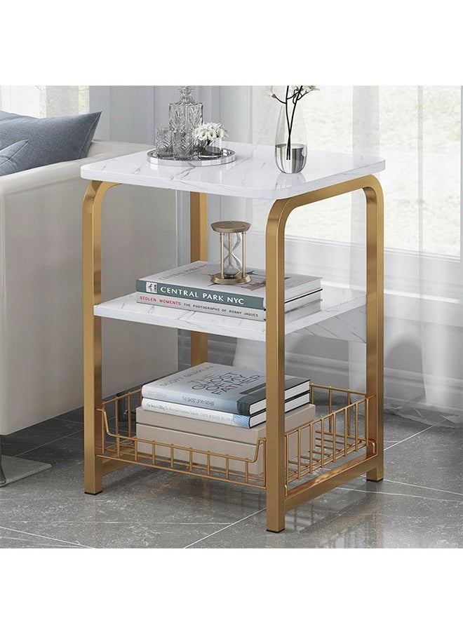 Beauenty - White Marble Night Stand with Golden Metal Frame,3 Tier Small Side Table with Storage Basket,Bedside Table for Living Room Bedroom Small Spaces - Image 1