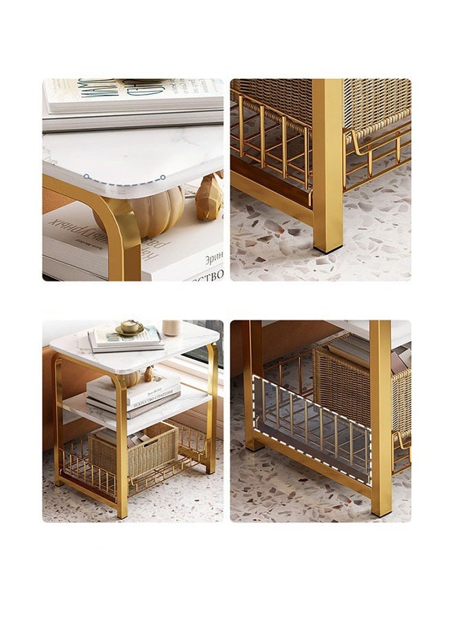 Beauenty - White Marble Night Stand with Golden Metal Frame,3 Tier Small Side Table with Storage Basket,Bedside Table for Living Room Bedroom Small Spaces - Image 1