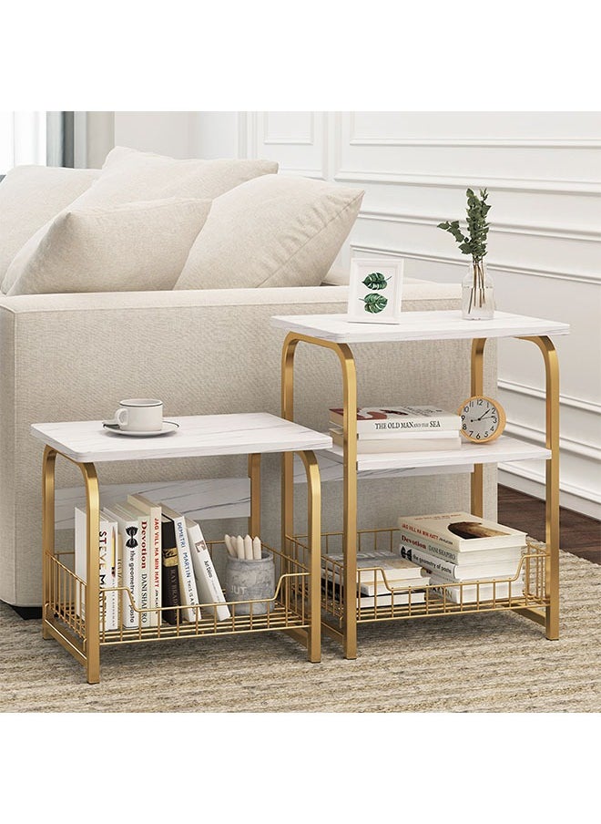 Beauenty - White Marble Night Stand with Golden Metal Frame,3 Tier Small Side Table with Storage Basket,Bedside Table for Living Room Bedroom Small Spaces - Image 1
