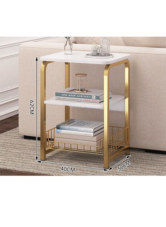 Beauenty - White Marble Night Stand with Golden Metal Frame,3 Tier Small Side Table with Storage Basket,Bedside Table for Living Room Bedroom Small Spaces - Image 1