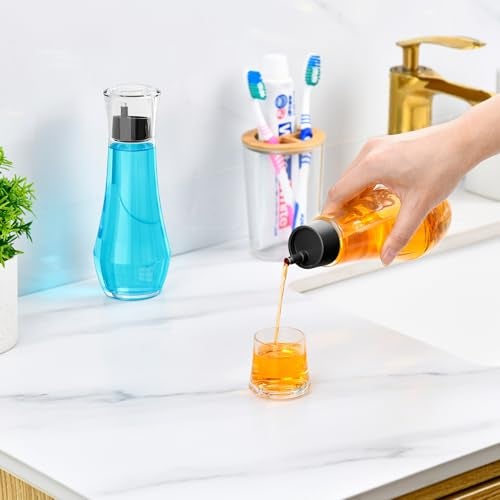 VITVITI Glass Mouthwash Dispenser for Bathroom, 8.8OZ Mouth Wash Container Bottle with Lid Cup, Small Clear Refillable Mouthwash Dispenser Decanter for Countertop, Set of 2, Black - Image 2