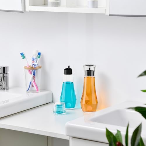 VITVITI Glass Mouthwash Dispenser for Bathroom, 8.8OZ Mouth Wash Container Bottle with Lid Cup, Small Clear Refillable Mouthwash Dispenser Decanter for Countertop, Set of 2, Black - Image 4