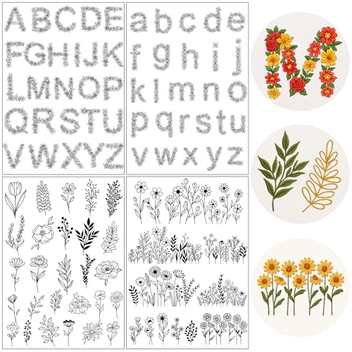 VISSTREE Flower Water Soluble Embroidery Patterns, 85 Pcs A-Z Alphabet Stick and Stitch Embroidery Paper Wash Away, Pre-Printed Floral Pattern Transfers, DIY Customized Gifts for Hand Sewing Lover Beginners - Image 1