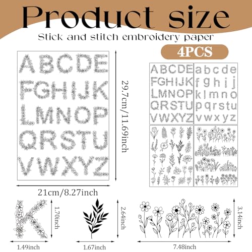 VISSTREE Flower Water Soluble Embroidery Patterns, 85 Pcs A-Z Alphabet Stick and Stitch Embroidery Paper Wash Away, Pre-Printed Floral Pattern Transfers, DIY Customized Gifts for Hand Sewing Lover Beginners - Image 2
